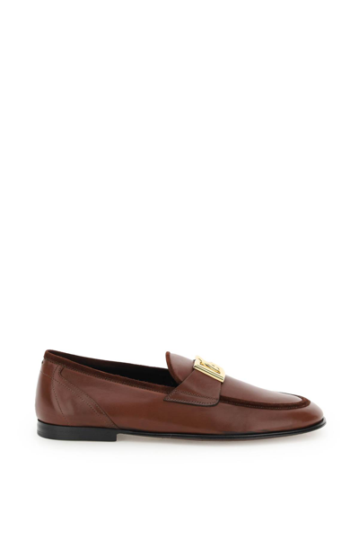Shop Dolce & Gabbana Leather Ariosto Slippers Loafers In Marrone