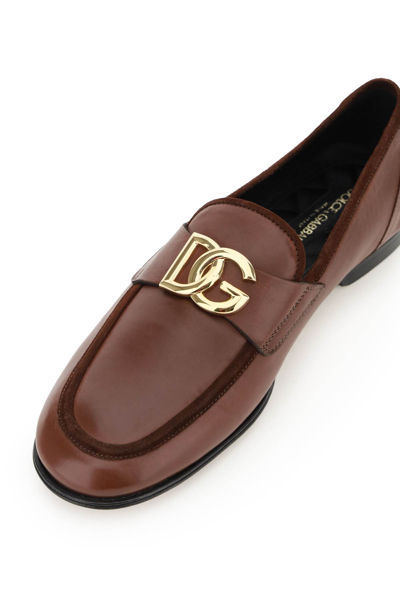 Shop Dolce & Gabbana Leather Ariosto Slippers Loafers In Marrone