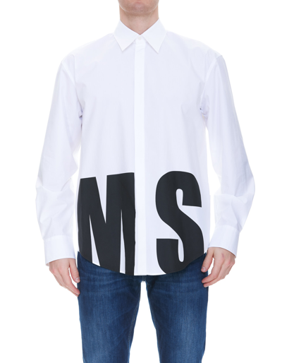 Shop Msgm Poplin Shirt With Maxi Logo  In White