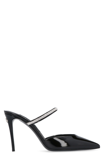 Shop Dolce & Gabbana Leather Pointy-toe Mules In Nero Crystal