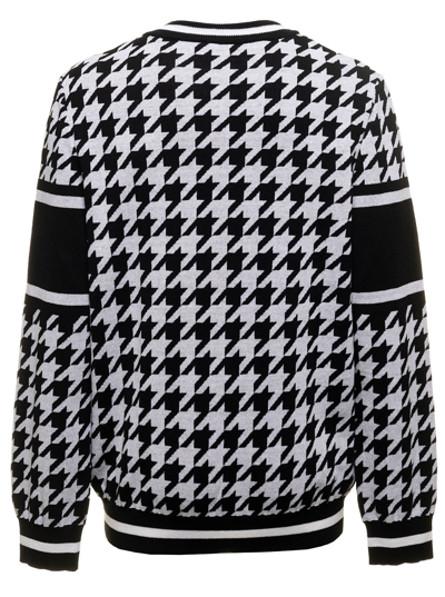 Shop Balmain Mans Wool And Linen Houndstooth Sweater With Logo In Blanc/noir