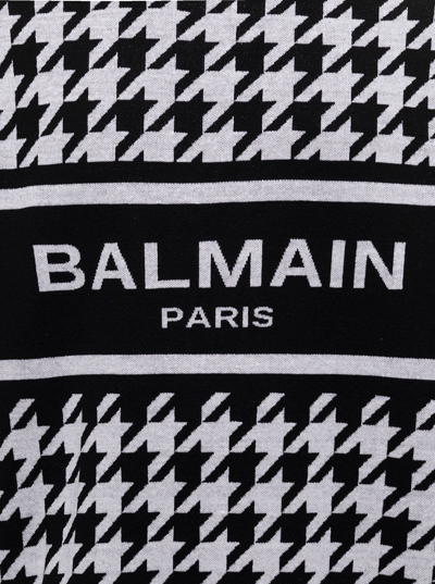 Shop Balmain Mans Wool And Linen Houndstooth Sweater With Logo In Blanc/noir