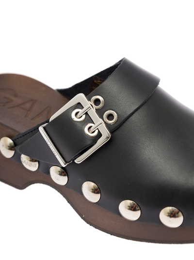 GANNI RETRO BLACK LEATHER CLOGS WITH STUDS WOMAN 