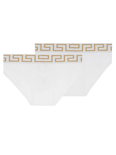 Shop Versace Pack Of Two Briefs With Greek In Bianco E Oro