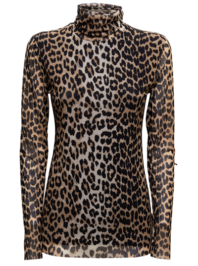 Shop Ganni Womans High Neck Recycled Animalier Fabric Sweater In Marrone