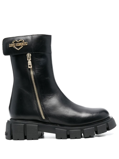 Shop Love Moschino Logo-plaque Leather Boots In Black