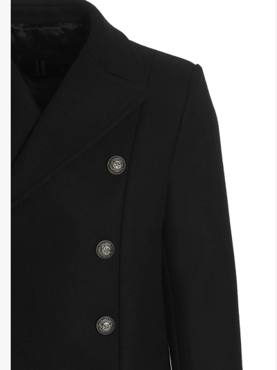 Shop Balmain Logo Button Wool Coat In Black