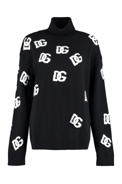 Dolce & Gabbana Dg Virgin Wool Turtleneck Sweater In Nero/bianco