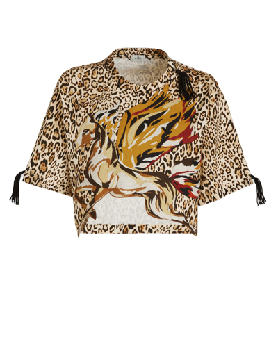 Shop Etro Woman Crop Animalier T-shirt With Pegasus And Cube Logo