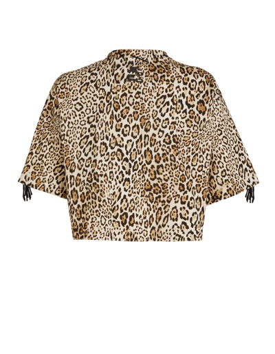 Shop Etro Woman Crop Animalier T-shirt With Pegasus And Cube Logo