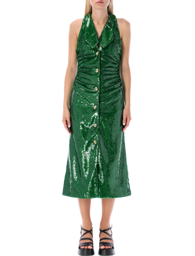 Shop Ganni Sequined Midi Dress In Kelly Green