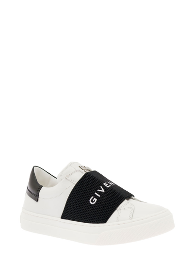 Shop Givenchy White Sneakers In Leather With Conotrasting Logo Band Kids In Bianco