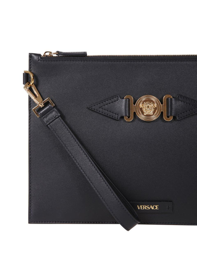 Shop Versace Logo Plaque Zipped Clutch Bag In Nero