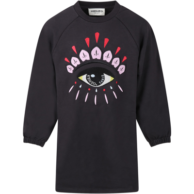 Shop Kenzo Grey Dress For Girl With Iconic Eye In (grigio Scuro)