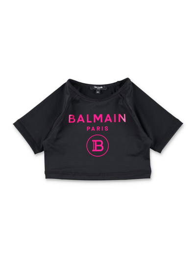 Shop Balmain Logo Cropped T-shirt In Black Fucsia