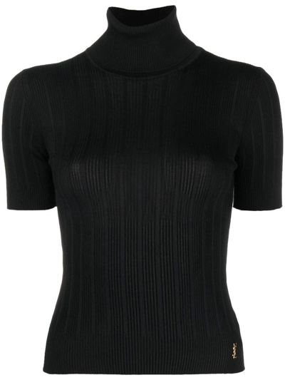 Shop Saint Laurent Logo Plaque Roll Neck Top In Nero