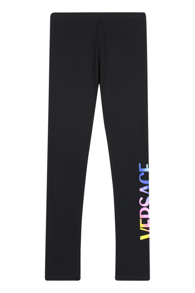 Shop Young Versace Logo Print Cotton Leggings