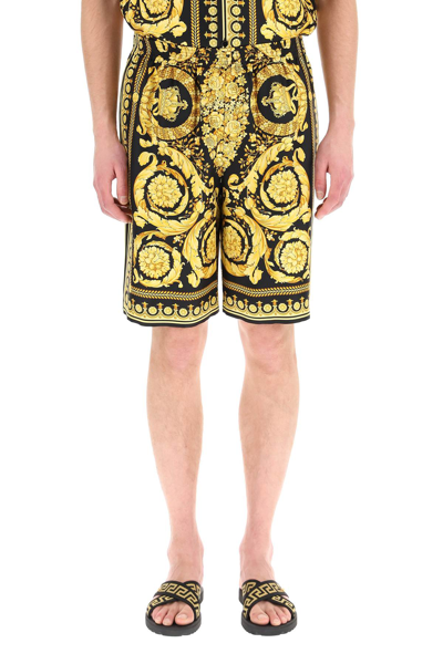 Shop Versace Silk Shorts With Heritage Baroque Print In Black/yellow