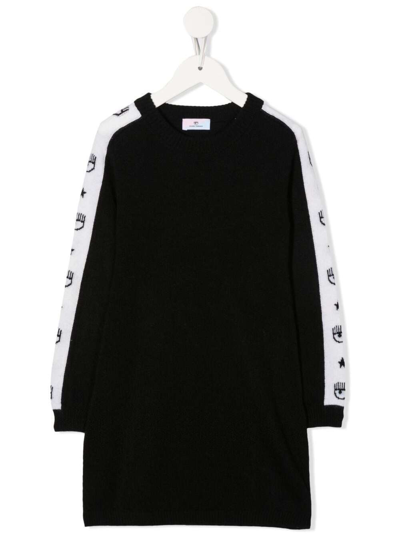 Shop Chiara Ferragni Black Sweater Dress In Wool Blend With White Band With Logo In Nero