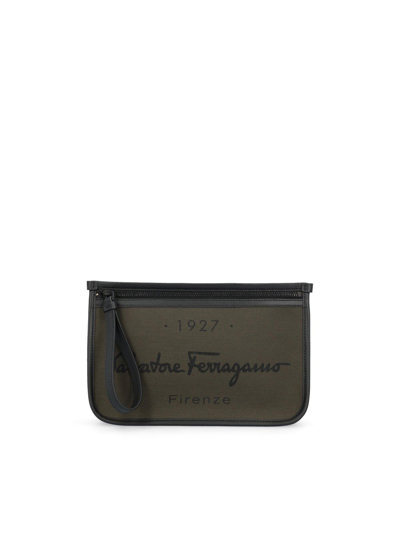 Shop Ferragamo 1927 Logo Printed Toiletry Bag In Verde Militare