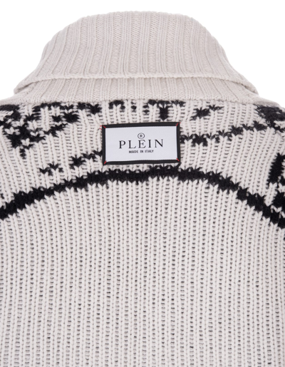 Shop Philipp Plein Man Cardigan In White And Black Wool With Buttons