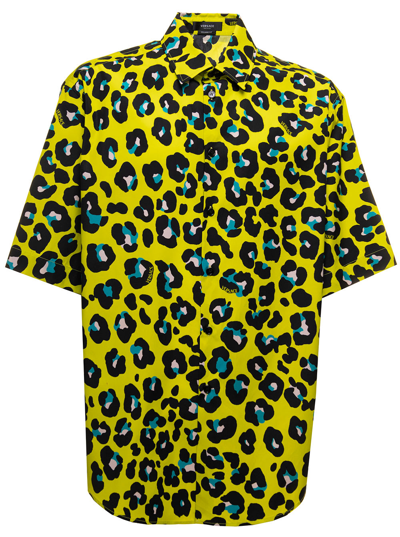 Shop Versace Yellow Shirt In Cotton With Daisy Leopard Allover Pattern Man In Leopardato