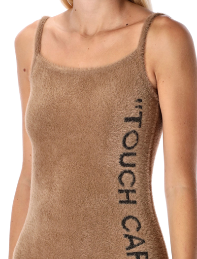 Shop Off-white Quote Fuzzy Mini Dress In Camel