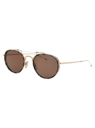 Shop Thom Browne Tb-815 Sunglasses In 02 Navy Tortoise - White Gold W/ Dark Brown