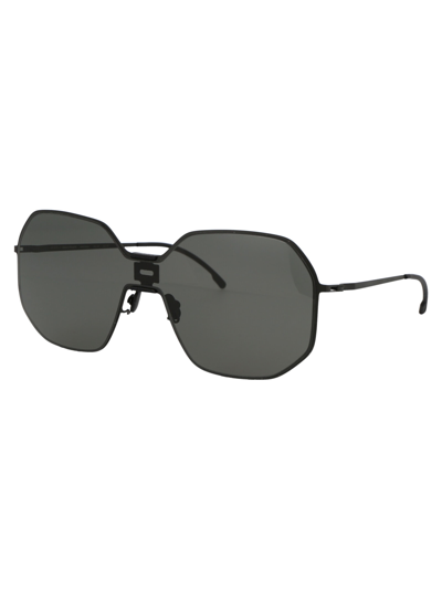 Shop Mykita Mmecho003 Sunglasses In 305 Mh6 Pitch Black Black Dark Grey Solid Shield