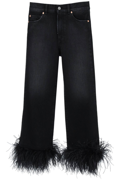 Shop Valentino Straight Jeans With Feathers In Black
