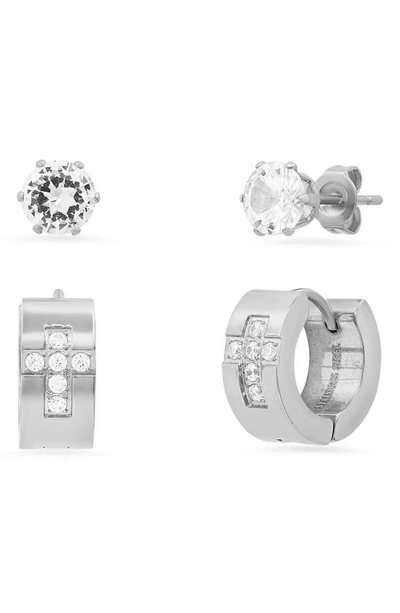 Shop Hmy Jewelry Stainless Steel Cubic Zirconia Cross 14mm Huggie Earring In Metallic