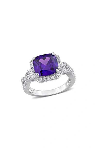 Shop Delmar Sterling Silver Cushion Blue & White Cz Ring In Purple