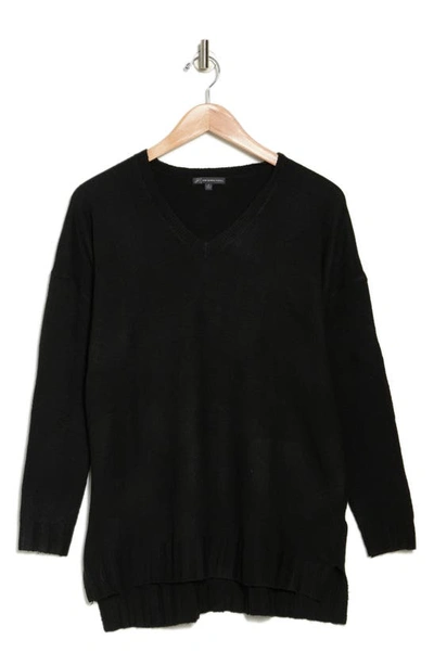Shop Adrianna Papell Ribbed Trim V-neck Tunic Sweater In Black