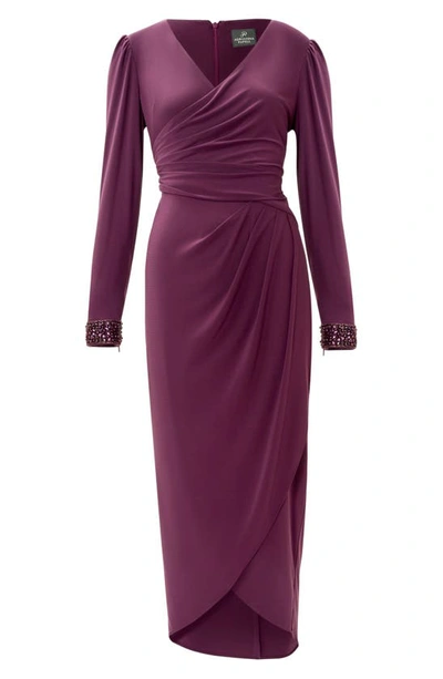 Shop Adrianna Papell Draped Long Sleeve Jersey Sheath Dress In Rich Shiraz