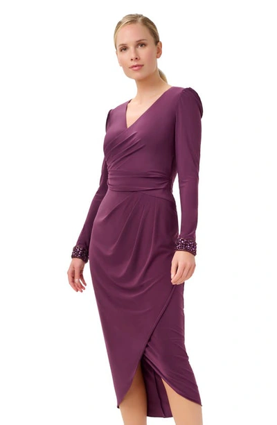 Shop Adrianna Papell Draped Long Sleeve Jersey Sheath Dress In Rich Shiraz