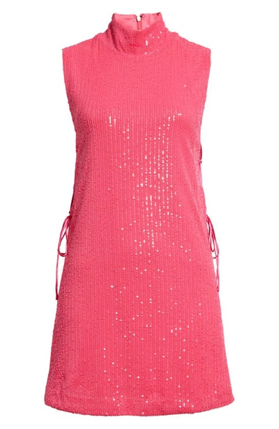 Shop Rotate Birger Christensen Sequin Mock Neck Sleeveless Minidress In Knockout Pink