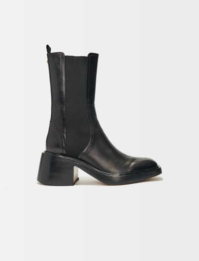 Maje Black Leather Ankle Boots And Square Toe In Black