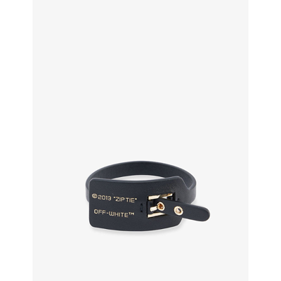 Off-white Zip Tie Logo-print Tag Leather Bracelet In Black Gold