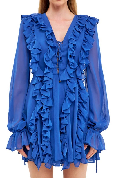 Endless Rose Ruffle Tie Front Long Sleeve Minidress In Royal Blue