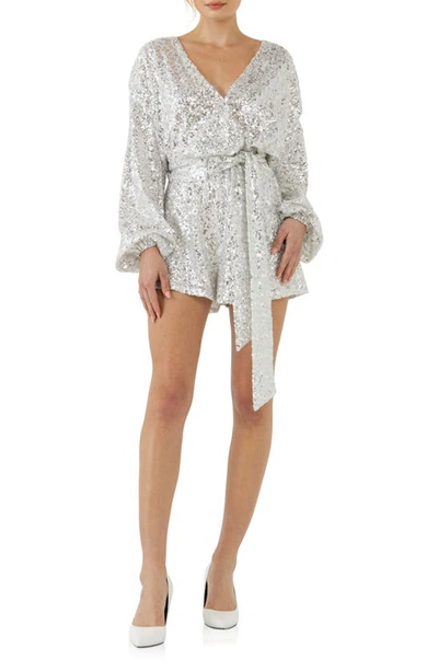 Shop Endless Rose Long Sleeve Sequin Romper In White