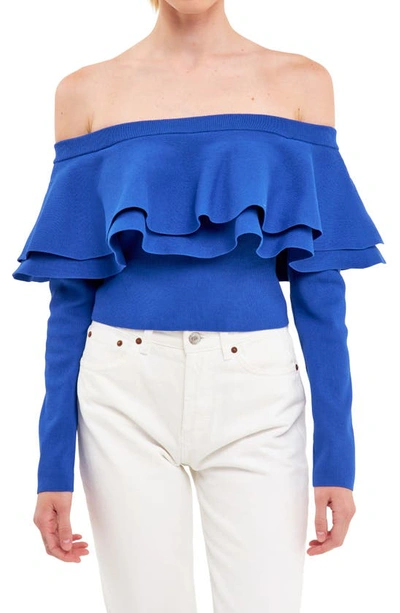 Endless Rose Off The Shoulder Knit Top In Cobalt Blue