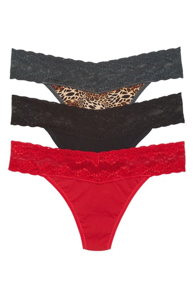 Shop Natori Bliss 3-pack Perfection Lace Trim Thongs In Str/ Cl/ Blk