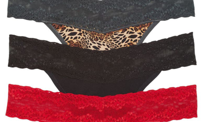 Shop Natori Bliss 3-pack Perfection Lace Trim Thongs In Str/ Cl/ Blk