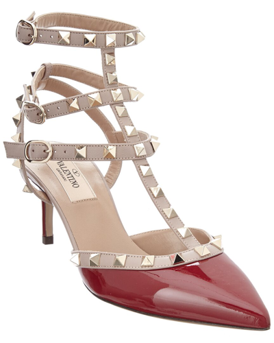 Shop Valentino Rockstud Caged 65 Patent Ankle Strap Pump In Red