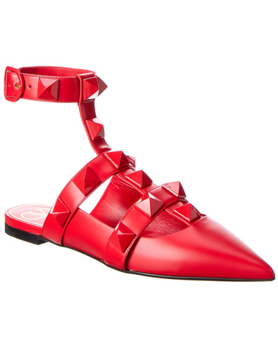 Shop Valentino Roman Stud Leather Ankle Strap Flat In Red