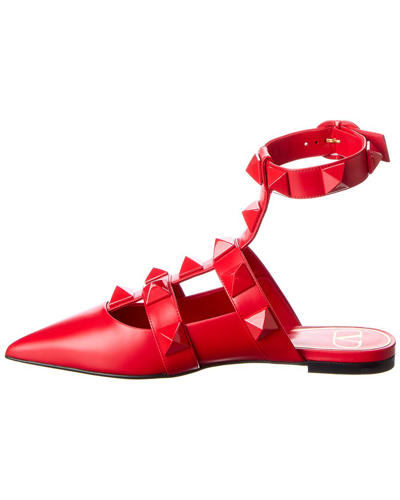 Shop Valentino Roman Stud Leather Ankle Strap Flat In Red