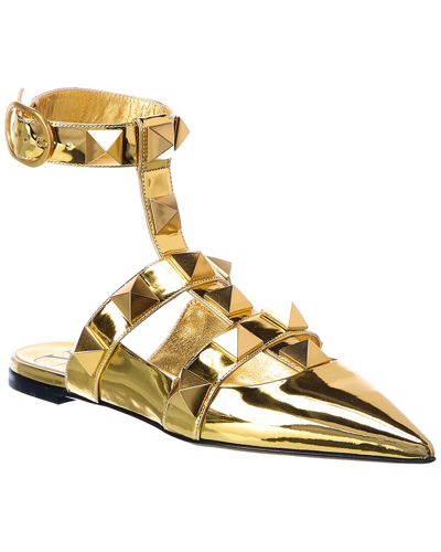 Shop Valentino Roman Stud Leather Ankle Strap Flat In Gold