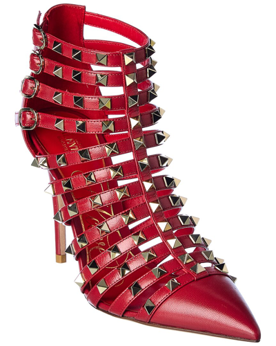 Shop Valentino Rockstud Alcove 100 Leather Bootie In Red