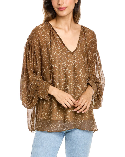 Shop Vince Starry Dot Shirred Neck Blouse In Brown