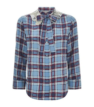 Marc Jacobs Silk Check Shirt With Embellished Collar In Dusty Blue